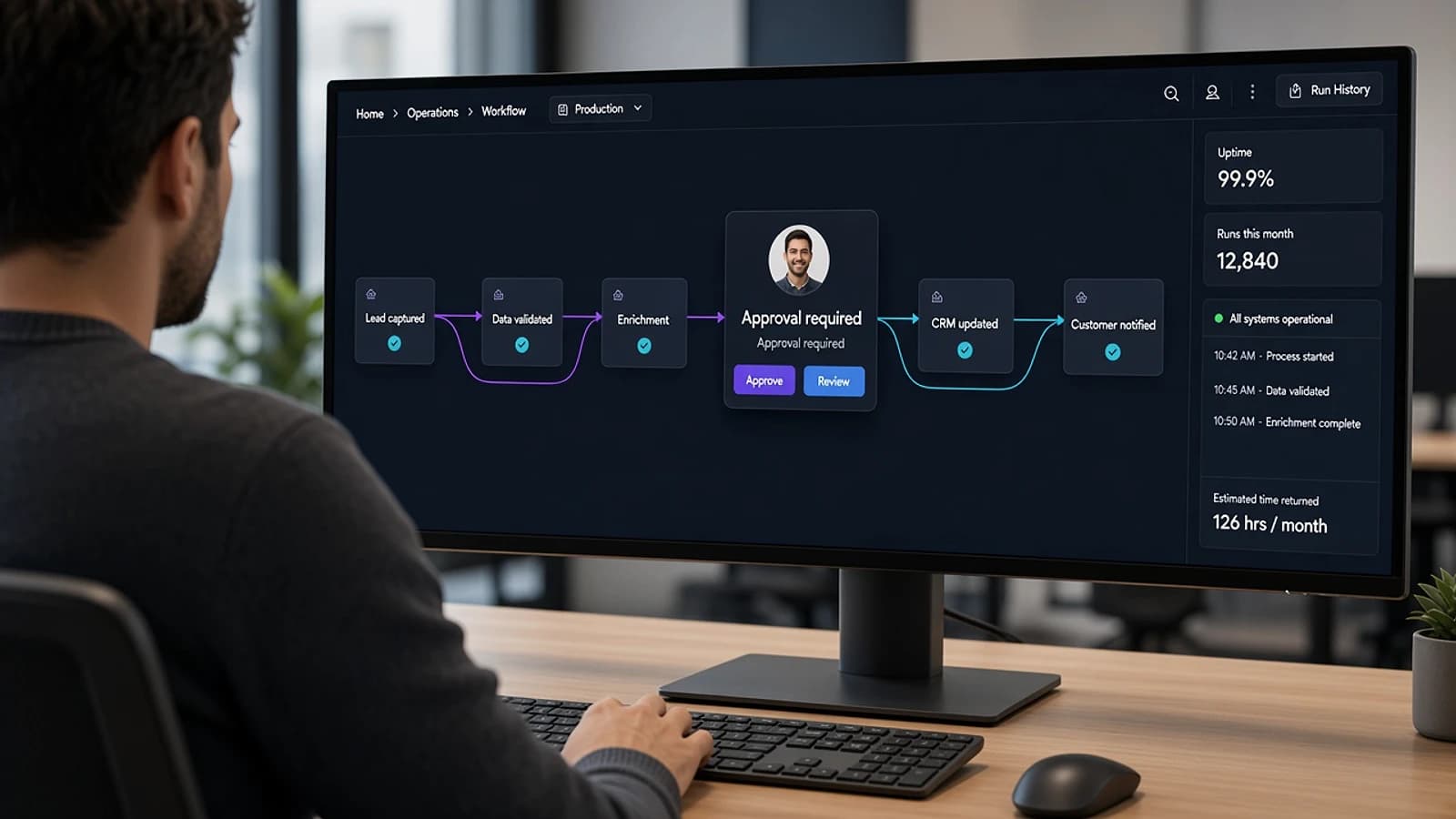 Operations specialist monitoring an automated workflow with a human approval checkpoint