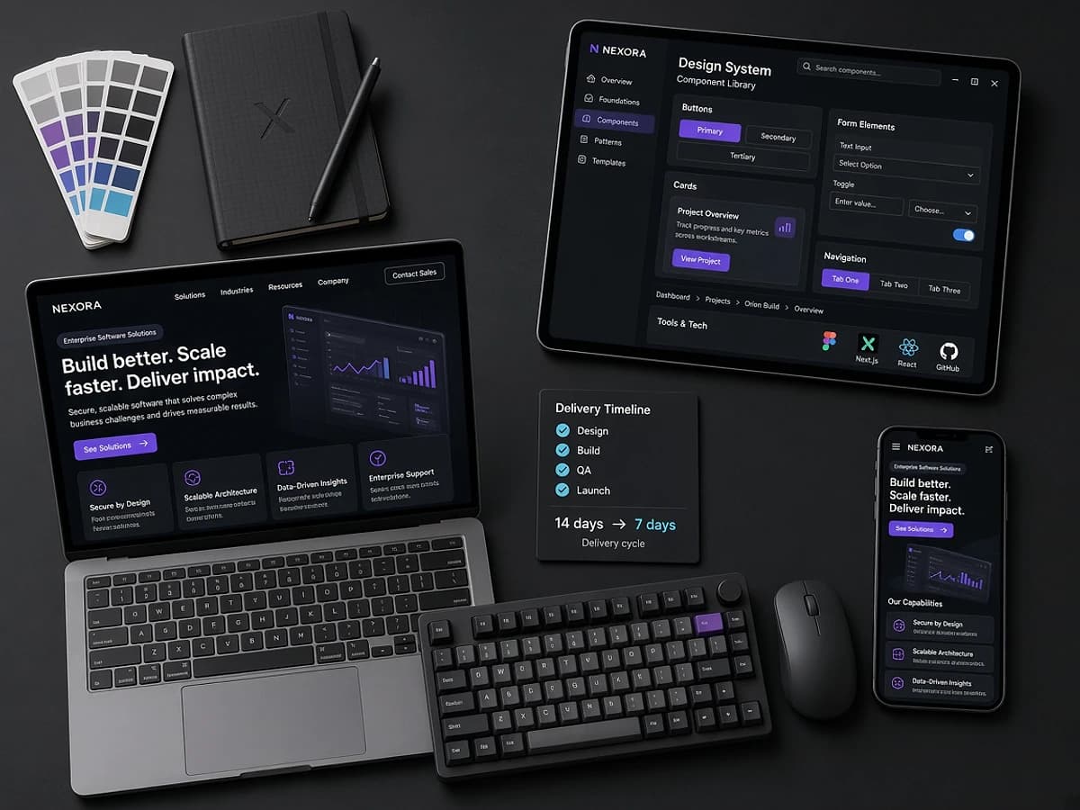 Website delivery toolkit showing responsive previews, reusable components, and a seven-day delivery timeline