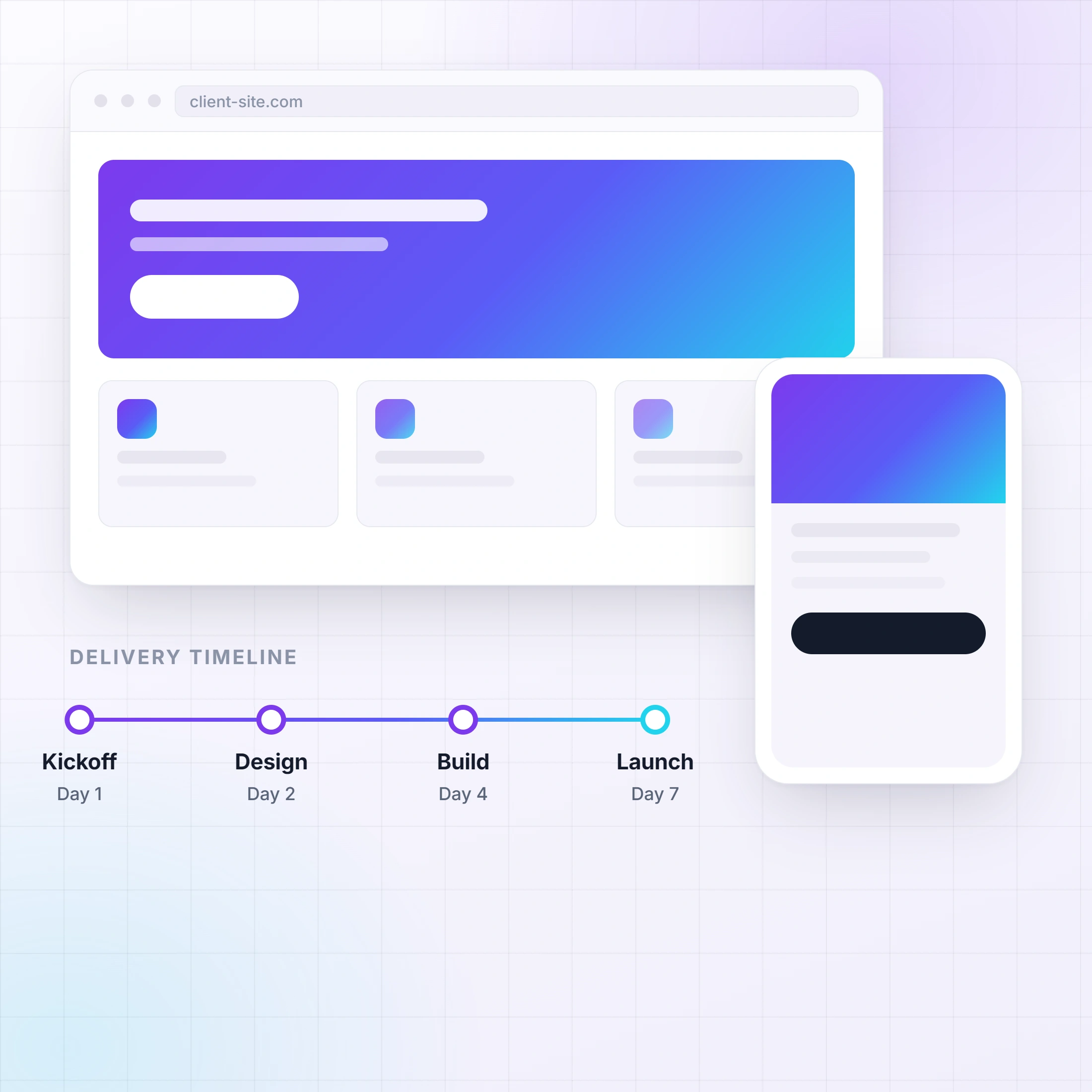 Website delivery toolkit showing responsive previews, reusable components, and a seven-day delivery timeline